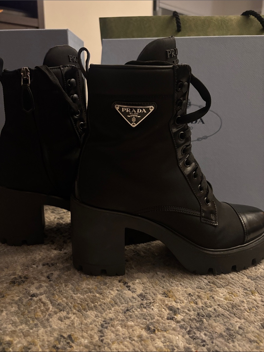 Prada Black Lace-Up Platform Ankle Boots
